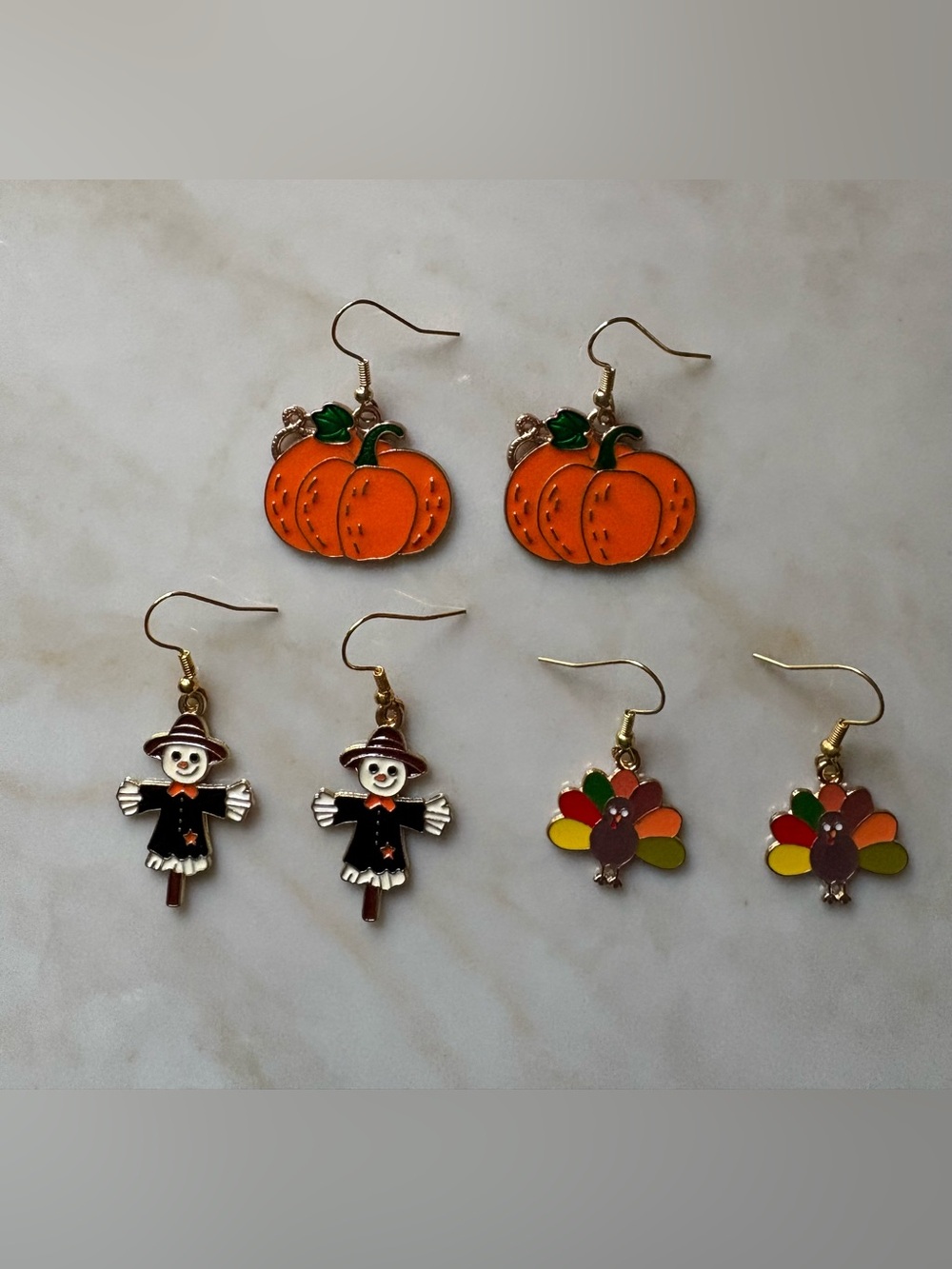 Fall Pumpkin, Scarecrow & Turkey Earring Set - Orange, Black, Green
